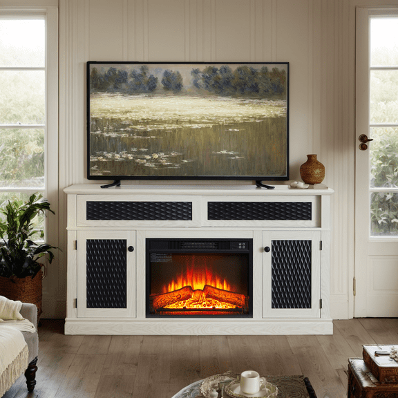 Eyisean 58" W Entertainment Center with Embossed Fireplace, Embossed TV Stand with Ample Storage for TVs up to 60 Inches, Wooden TV Console Table for Living Room