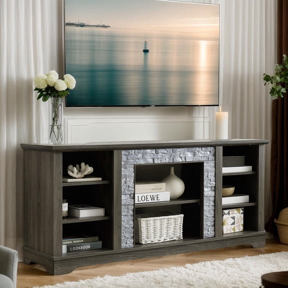 Eyisean 58" W Modern TV Stand with Large Storage Space, Entertainment Center with Faux Stacked Stone, Wood Media Console Table for TVs Up to 65", Rack for Living Room