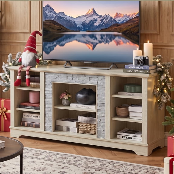 Eyisean 58" W Modern TV Stand with Large Storage Space, Entertainment Center with Faux Stacked Stone, Wood Media Console Table for TVs Up to 65", Rack for Living Room