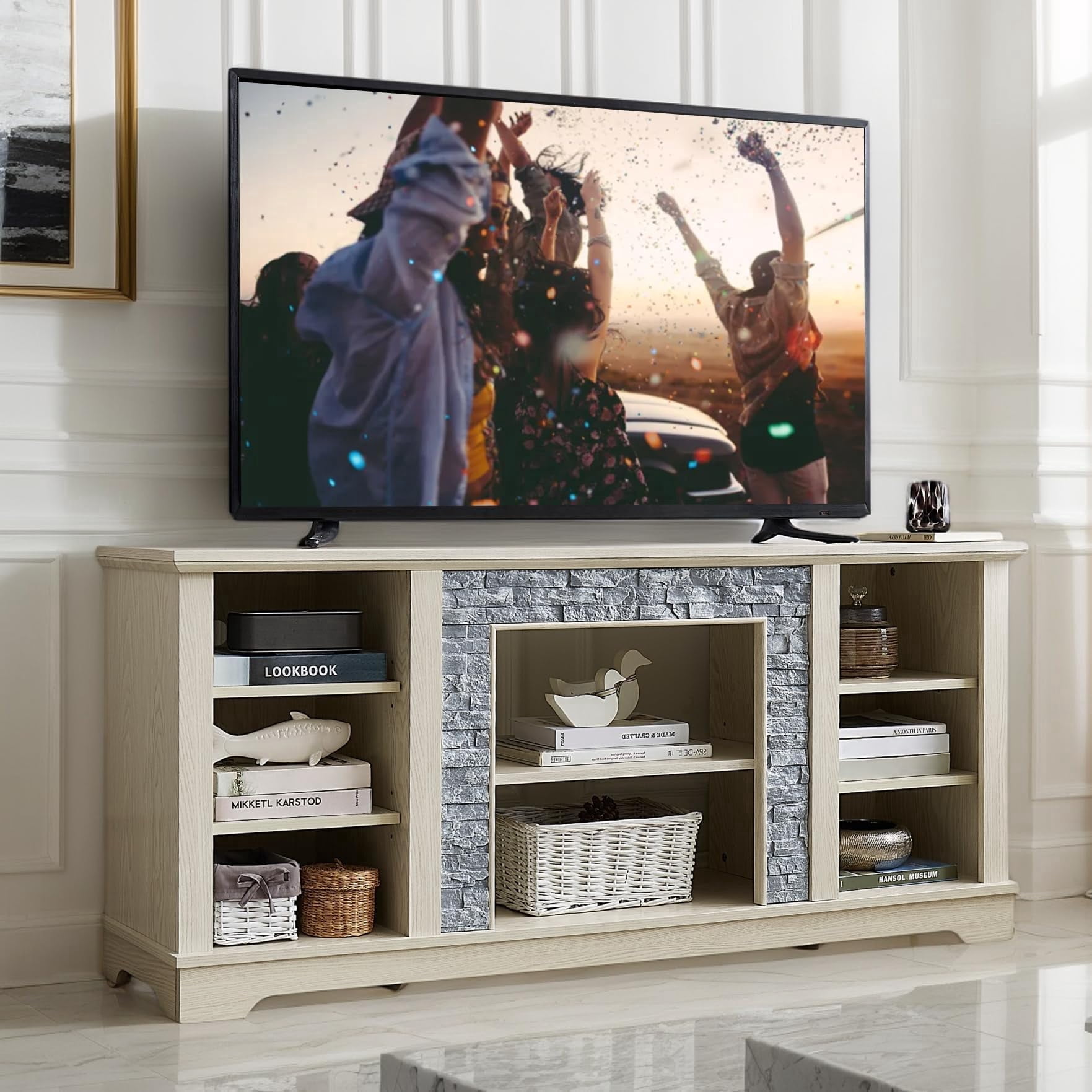 Eyisean 58" W Modern TV Stand with Large Storage Space, Entertainment Center with Faux Stacked Stone, Wood Media Console Table for TVs Up to 65", Rack for Living Room