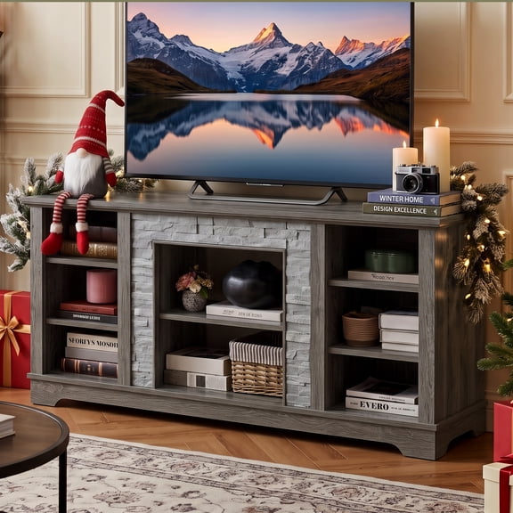 Eyisean 58" W Modern TV Stand with Large Storage Space, Entertainment Center with Faux Stacked Stone, Wood Media Console Table for TVs Up to 65", Rack for Living Room