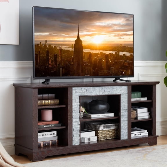 Eyisean 58" W Modern TV Stand with Large Storage Space, Entertainment Center with Faux Stacked Stone, Wood Media Console Table for TVs Up to 65", Rack for Living Room