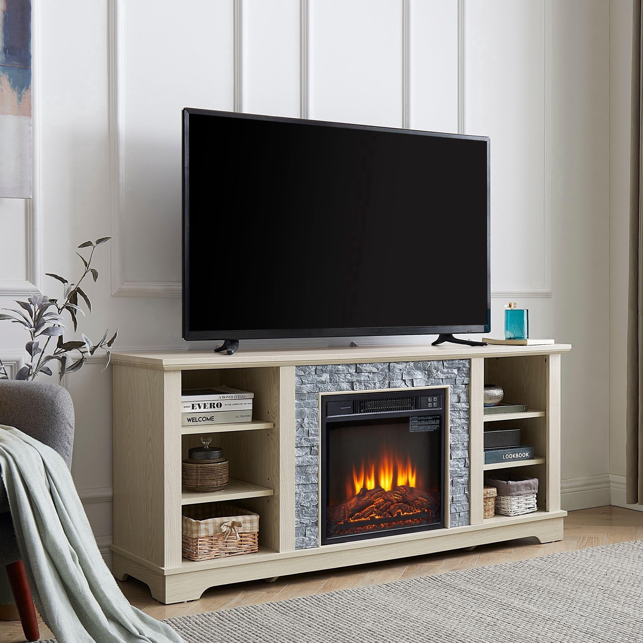Eyisean 58" W Wooden Entertainment Center with Fireplace, Faux Stacked Stone Surround, TV Stand with 18'' Electric Fireplace, TV Console Table for Living Room
