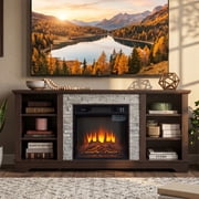Eyisean 58" W Wooden Entertainment Center with Fireplace, Faux Stacked Stone Surround, TV Stand with 18 Electric Fireplace, Media Console Table for TVs Up to 65", Rack for Living Room
