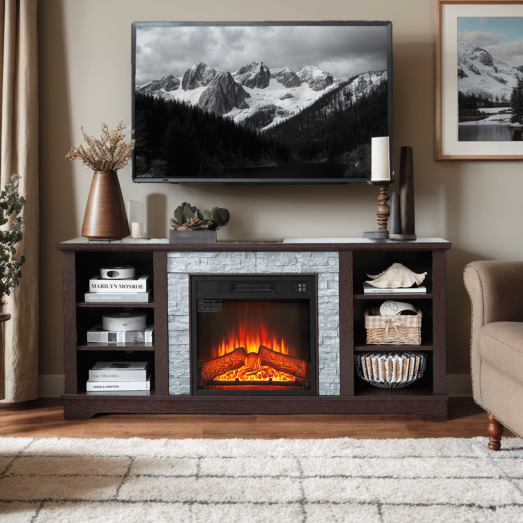 Eyisean 58" W Wooden Entertainment Center with Fireplace, Faux Stacked Stone Surround, TV Stand with 18'' Electric Fireplace, TV Console Table for Living Room