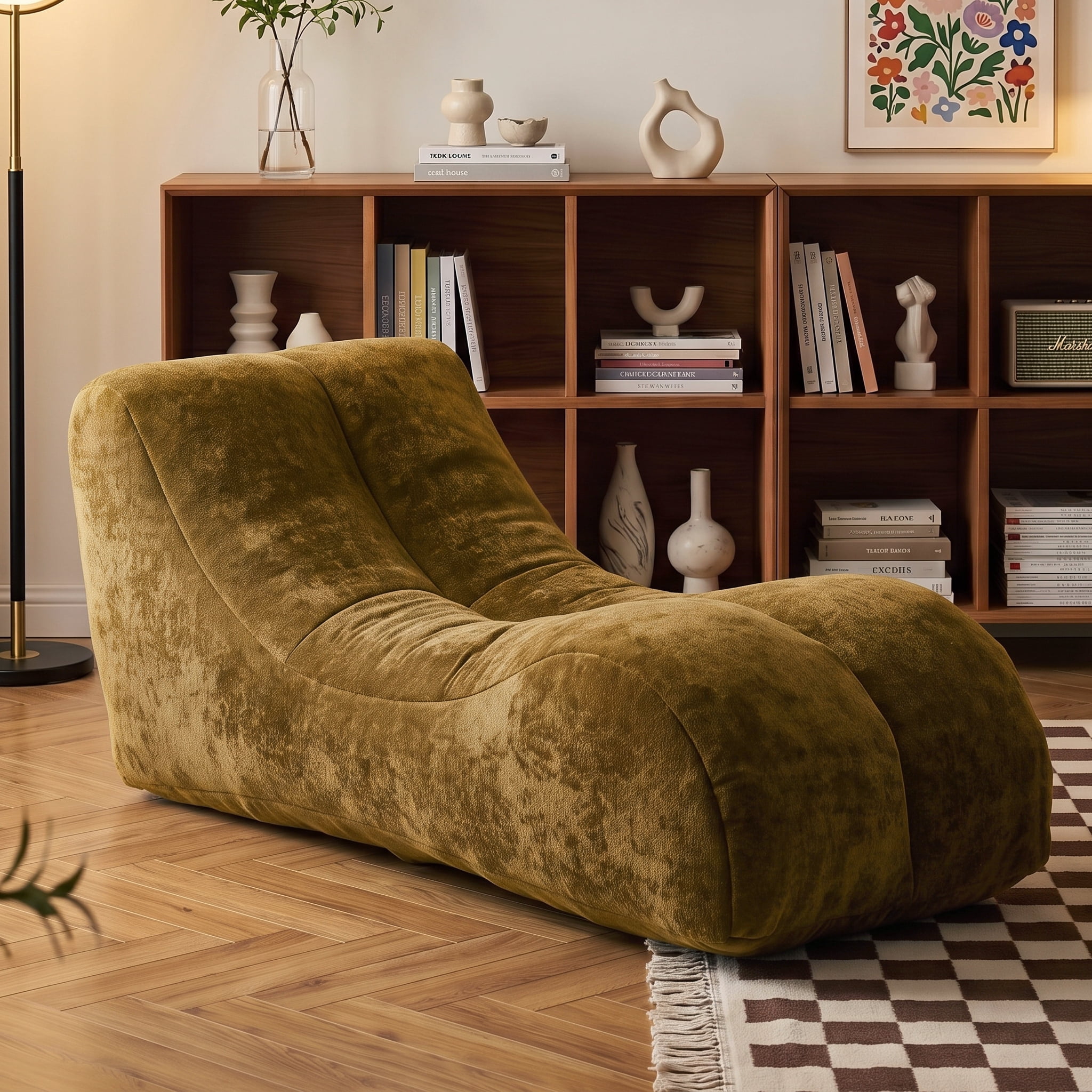 Eyisean 59" Polyester Indoor Chaise Lounge Chair, Ergonomic Curved Support Yoga Chairs, Comfy Bean Bag Reading Chair, Modern Lazy Floor Boneless Sofa for Small Space, Living Room, Bedroom