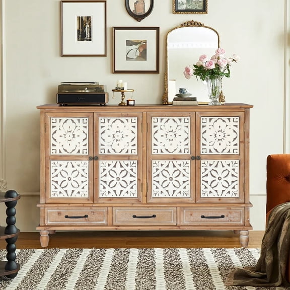 Eyisean 59" Wood Vintage Sideboard Buffet Cabinet, French Country Sideboard with 4 Carved Doors and 3 Drawers, Farmhouse Accent Cabinet with Adjustable Shelves for Living Room, Kitchen, Dining Room