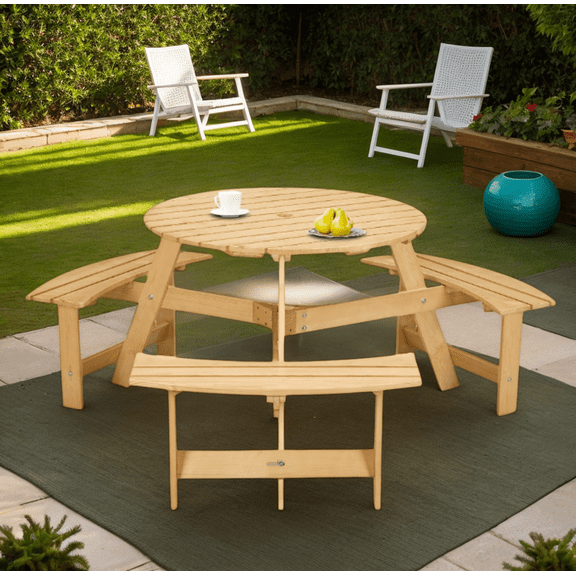 Eyisean 6 Person Circular Outdoor Wooden Picnic Table, Round Picnic Table with Umbrella Hole, 3 Built-in Benches, Outside Table and Bench Set for Patio, Backyard, Garden, 500lbs Capacity Per Bench