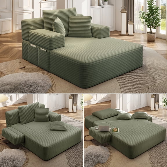 Eyisean 60" Corduroy Chaise Lounge Chair, Oversized Upholstered Sleeper Sofa Bed with Fold Backrest & Armrest, Comfy Deep Seat Couch with Storage Pocket, No Assembly Required for Living Room