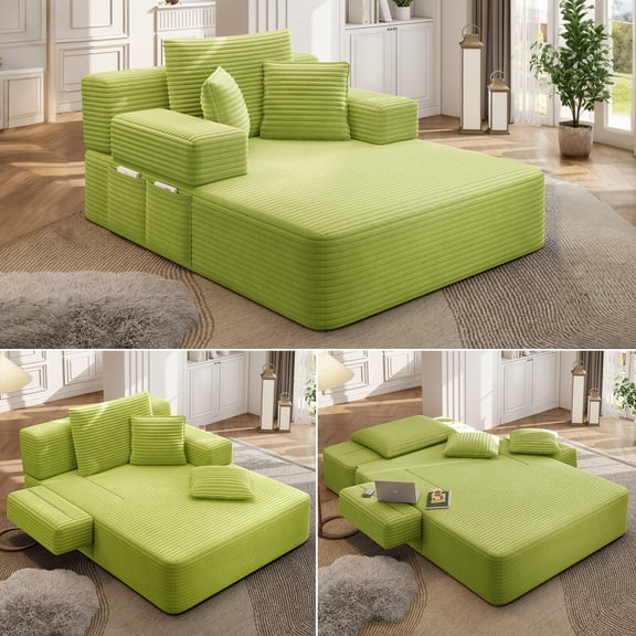Eyisean 60" Corduroy Chaise Lounge Chair, Oversized Upholstered Sleeper Sofa Bed with Fold Backrest & Armrest, Comfy Deep Seat Couch with Storage Pocket, No Assembly Required for Living Room