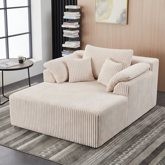 Eyisean 60" Oversized Chaise Lounge Chair Indoor, Non-Assembly Deep Seat Sofa Bed Corduroy Sleeper Cloud Boneless Couch with 2pcs Pillows for Reading, Living Room, Apartment