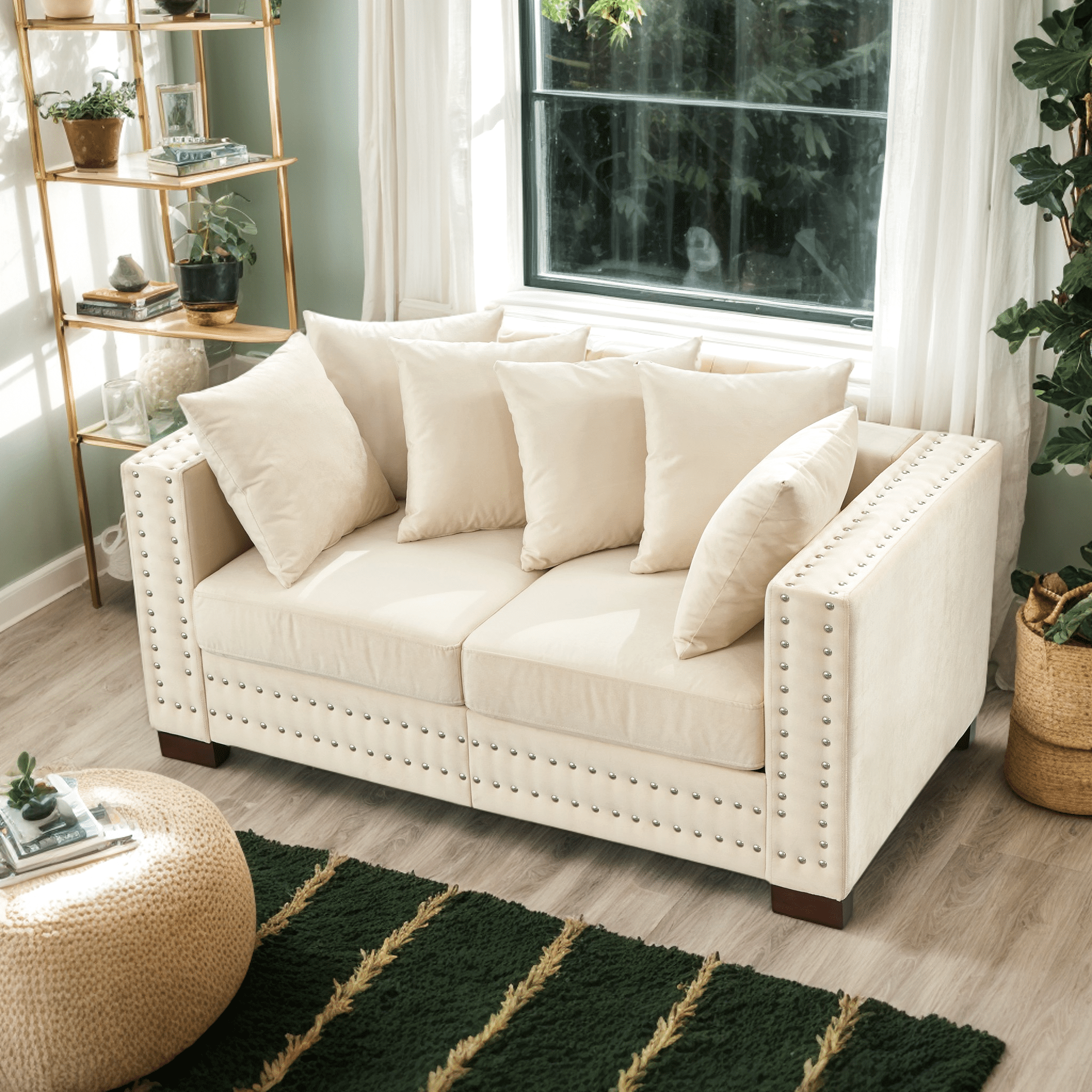 Eyisean 61" Velvet Modern Loveseat Sofa for Living Room, 2-Seater Upholstered Tufted Couch with Nailhead Arms & Pillow, Removable/Washable Cushion, Cloud Couch with Storage Space