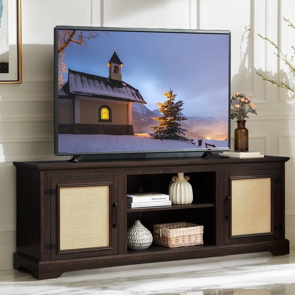 Eyisean 65" W Farmhouse Console Table for TVs Up to 70 Inches, Rattan TV Stand with 2 Storage Shelves and 2 Rattan Doors, TV Media Stand for Living Room, Bedroom