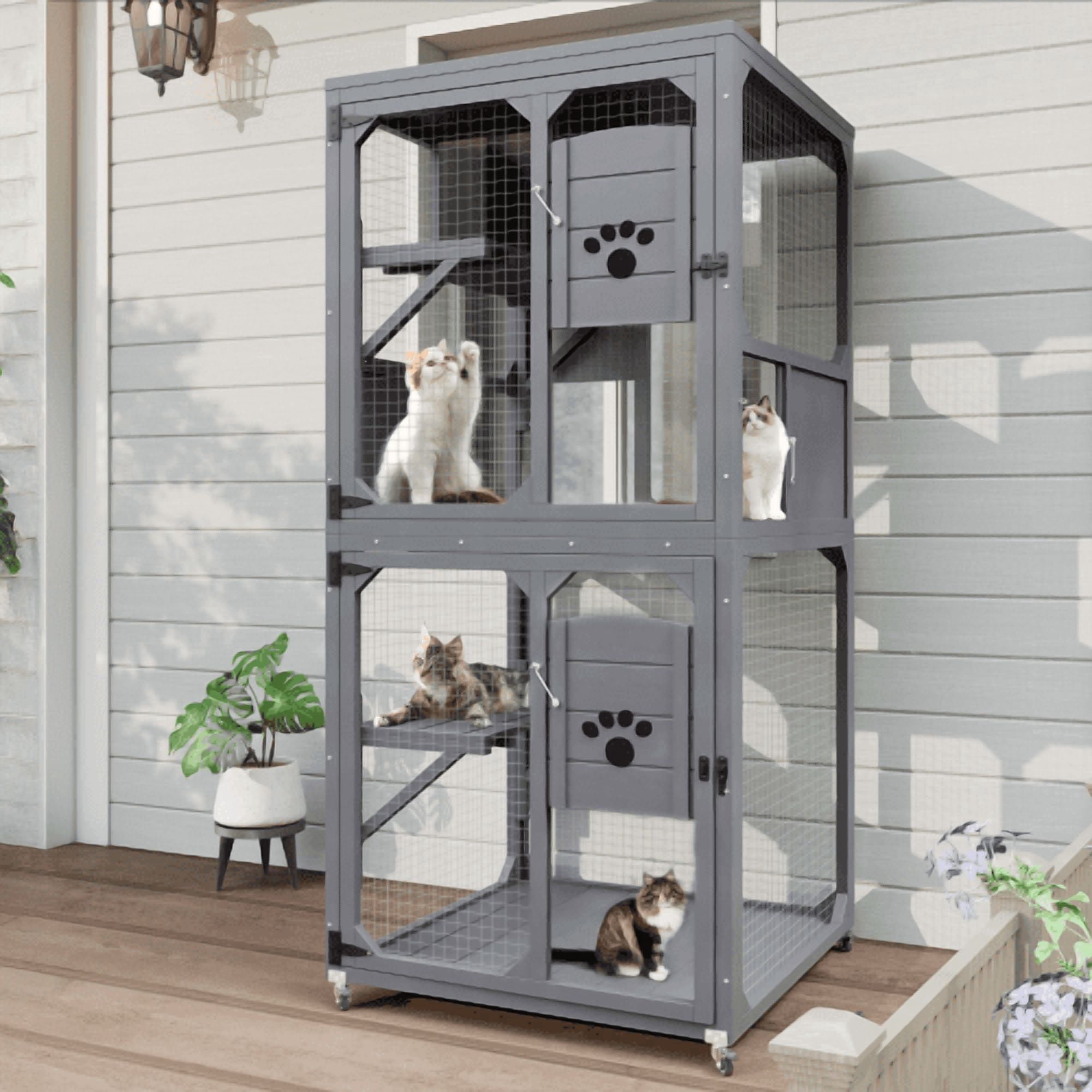 Eyisean 69" H Wooden Large Catio Outdoor Cat Enclosure, Durable 4 Tier Cat House with Wheels & Resting Box, Indoor Kitty Cage Kennel with Waterproof & Wire Mesh, Removable Bottom, Easy to Clean