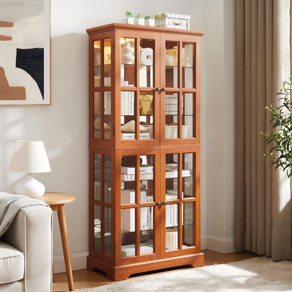 Eyisean 69" Lighted Display Curio Cabinet, Wooden 6-Tier Wooden Storage Showcase with Glass Doors & Adjustable Shelves, Light Bulb Included, Vintage Wine Storage Rack for Bar, Living Room