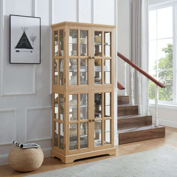 Eyisean 69" Lighted Display Curio Cabinet, Wooden 6-Tier Wooden Storage Showcase with Glass Doors & Adjustable Shelves, Light Bulb Included, Vintage Wine Storage Rack for Bar, Living Room