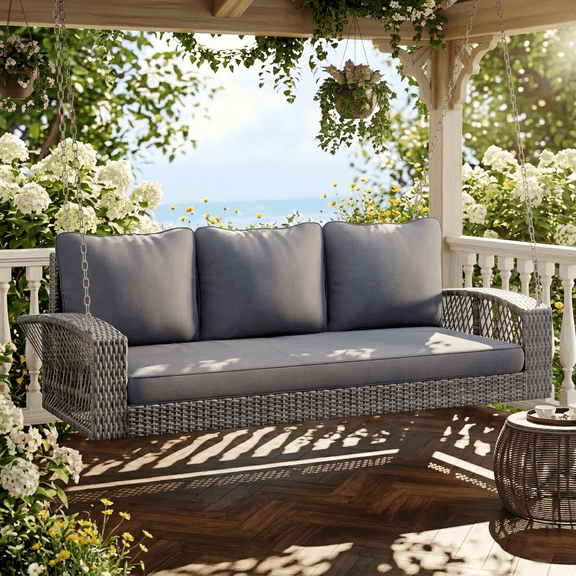 Eyisean 69" PE Wicker 3-Seat Outdoor Porch Swing with Hanging Chains, All-Weather Heavy Duty Patio Swing Bench with Waterproof Cushion & Pillows, Large Swing Chair for Backyard, Garden, Poolside