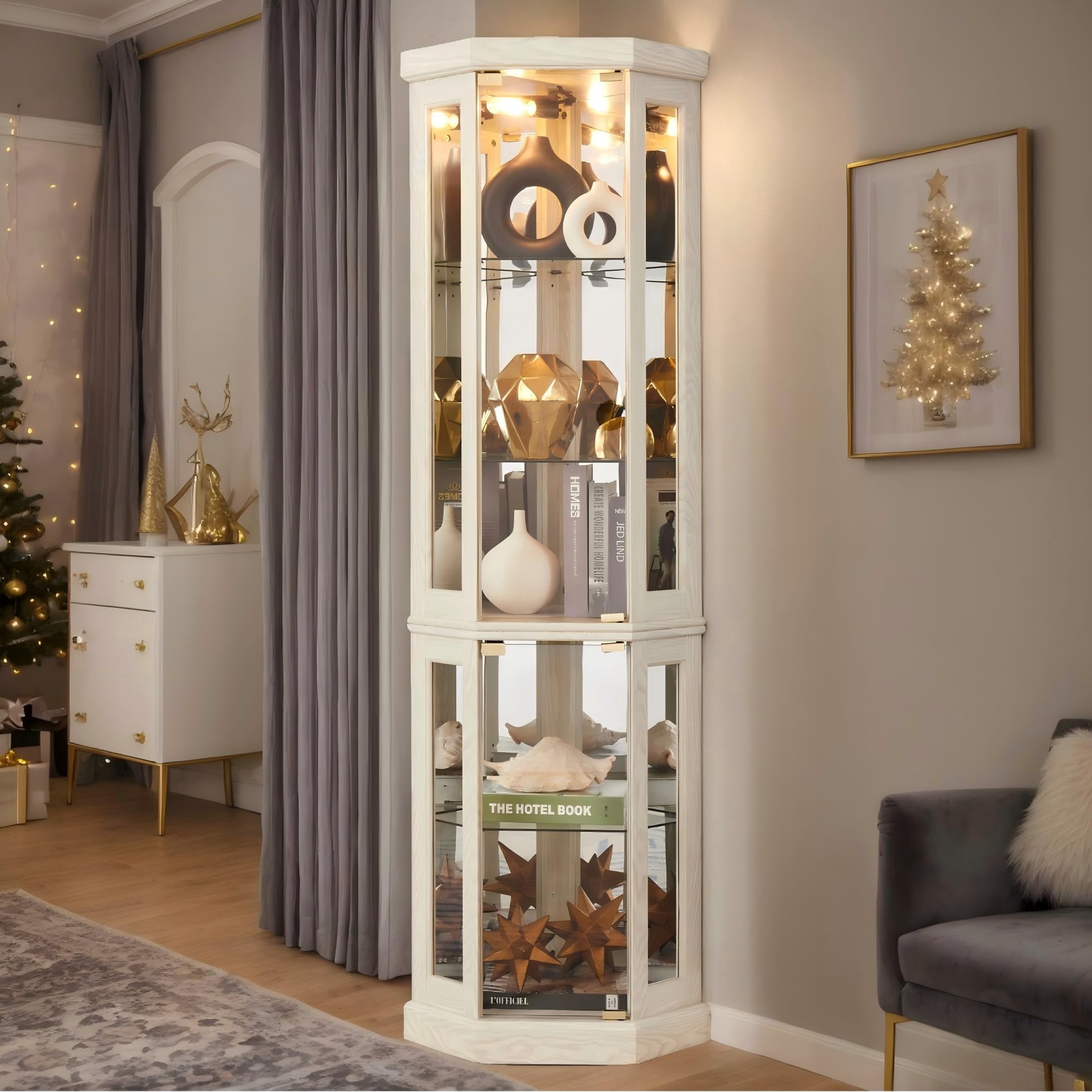 Eyisean 70" Lighted Corner Curio Cabinet, Wood China Display Case with Tempered Glass Doors & Adjustable Shelves, Light Bulb Included, Tall Wine Storage Rack for Bar and Liquor Storage