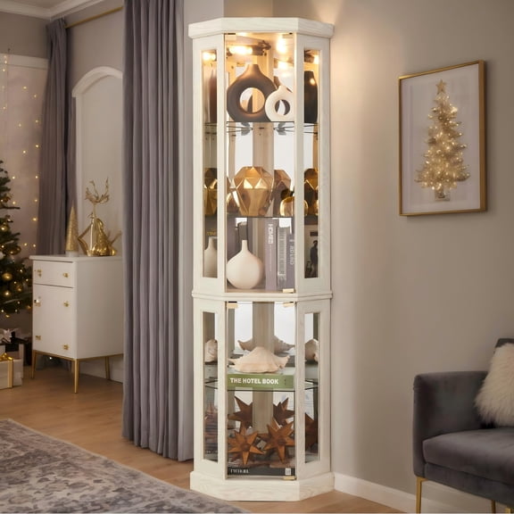 Eyisean 70" Lighted Corner Curio Cabinet, Wood China Display Case with Tempered Glass Doors & Adjustable Shelves, Light Bulb Included, Tall Wine Storage Rack for Bar and Liquor Storage