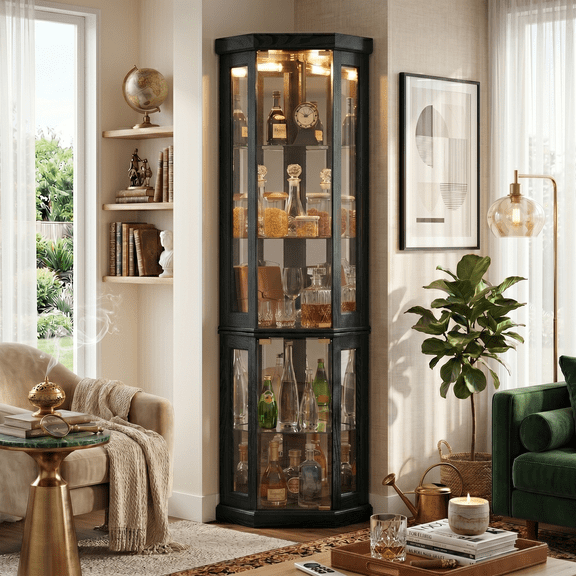 Eyisean 70" Lighted Corner Curio Cabinet, Wood China Display Case with Tempered Glass Doors & Adjustable Shelves, Light Bulb Included, Tall Wine Storage Rack for Bar and Liquor Storage