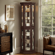 Eyisean 70" Vintage Lighted Corner Curio Cabinet, Glass Display Cage with 4 Tempered Adjustable Shelves, Freestanding Home Bar Cage with Doors, China Cabinet Include Light Bulb, Rack for Living Room