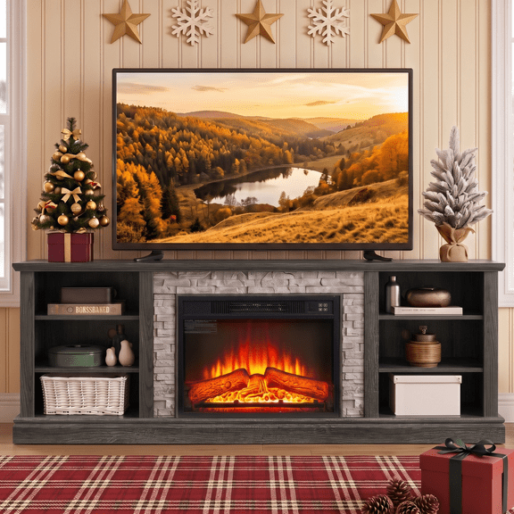 Eyisean 70" W Wooden Entertainment Center with Fireplace, Faux Stacked Stone Surround, TV Stand with 23'' Electric Fireplace, Media Console Table for TVs Up to 65", Rack for Living Room
