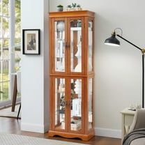 Eyisean 71" Lighted Curio Cabinet, Glass Display Cage with 6 Adjustable Shelves, Tempered Glass Doors, Light Bulb Included, Wine Bar Cabinet for Living Room Liquor Storage