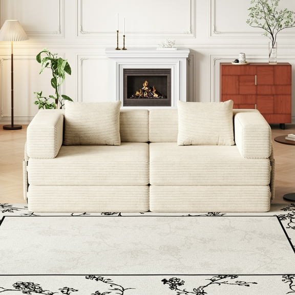 Eyisean 72" Corduroy Convertible Sofa Bed with Side Pockets, 4-in-1 Comfy Boneless Loveseat with Throw Pillows, Futon Floor Mattress with Fixed Frame for Living Room/Bedroom,No Assembly Required