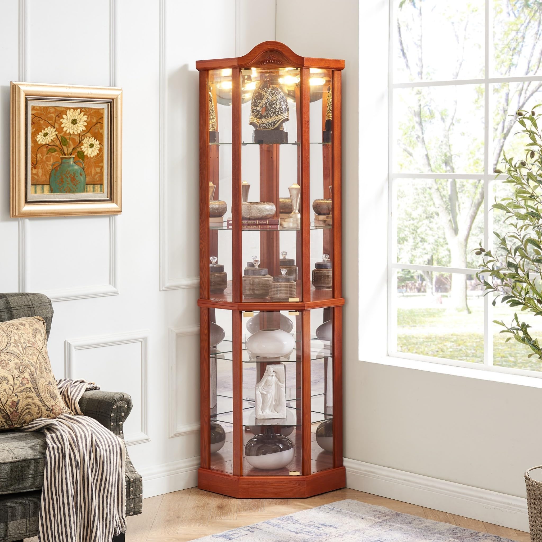 Eyisean 72" H Lighted Corner Display Curio Cabinet, Wooden Curved Bookshelf with Tempered Glass Door, Bar and Liquor Storage Area with 6 adjustable Shelves, for Collectibles, Toys, Books