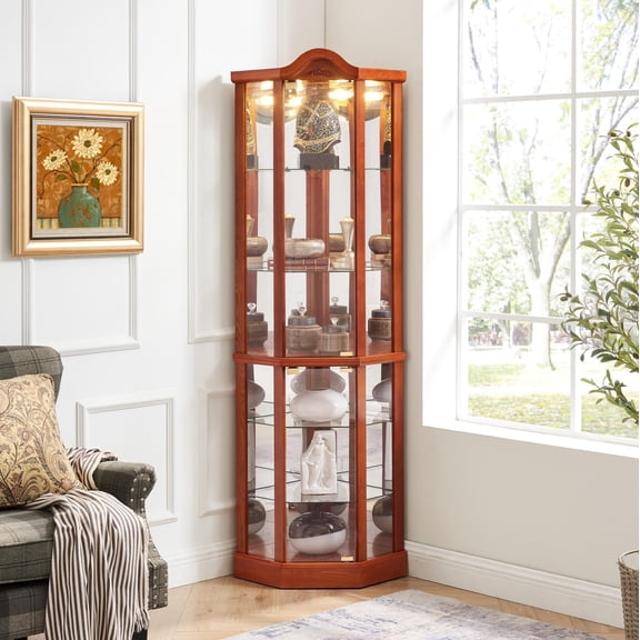 Eyisean 72" H Lighted Corner Display Curio Cabinet, Wooden Shelving Unit with Tempered Glass Doors, Bar and Liquor Storage Area with 6 Shelves, Rack for Living Room