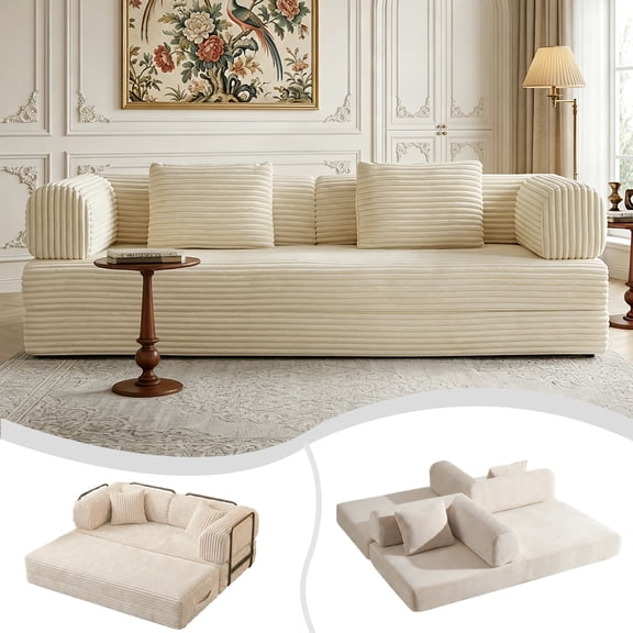 Eyisean 74" Convertible Sleeper Sofa Bed, 5-in-1 Floor Sofa with Removable Armrests, Corduroy Fabric Boneless Couch, No Assembly, for Living Room, Dorm, Studio
