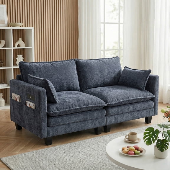 Eyisean 74.8" Chenille Modern Loveseat Sofa, 2 Seat Small Space Sectional Couch with USB Ports & Side Pocket, Comfy Double Layer Upholstered Deep Seat Sofa with Pillows, Easy Assembly for Living Room