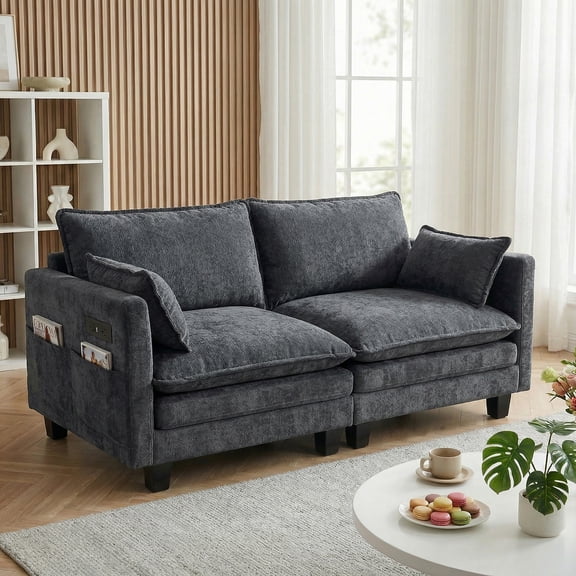 Eyisean 74.8" Chenille Modern Loveseat Sofa, 2 Seat Small Space Sectional Couch with USB Ports & Side Pocket, Comfy Double Layer Upholstered Deep Seat Sofa with Pillows, Easy Assembly for Living Room