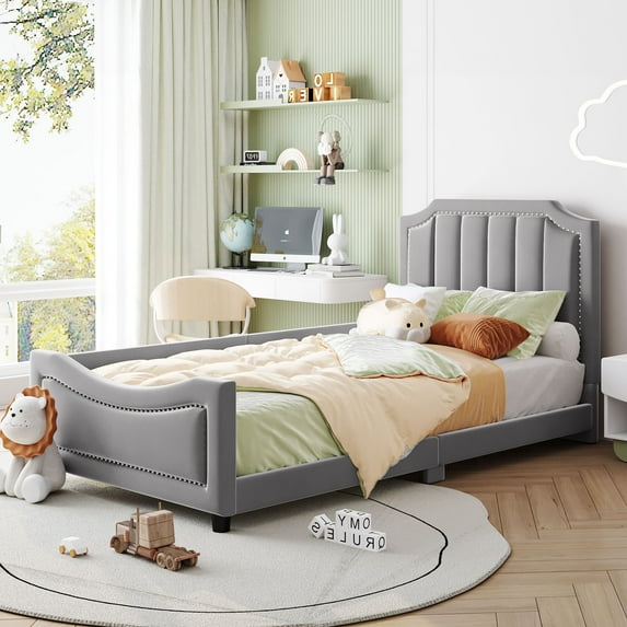 Eyisean 76.7" Twin Size Velvet Bed Frame with Stripe Shaped Headboard, Modern Upholstered Platform Daybed with Wood Slats Support, No Box Spring Needed, Easy Assembly for Bedroom, Apartment