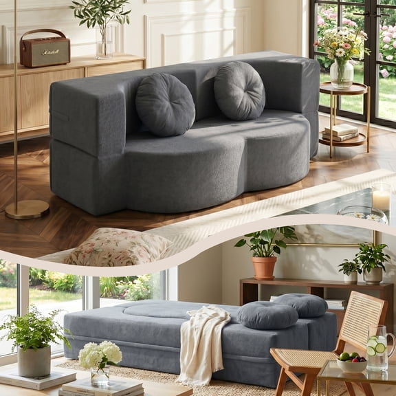 Eyisean 76" Cotton Linen Convertible Floor Sofa Bed, 2-in-1 Comfy Twin Sleeper Couch with Pillows, Medium-Soft Futon Loveseat Mattress for Living Room, Small Space, No Assembly Required