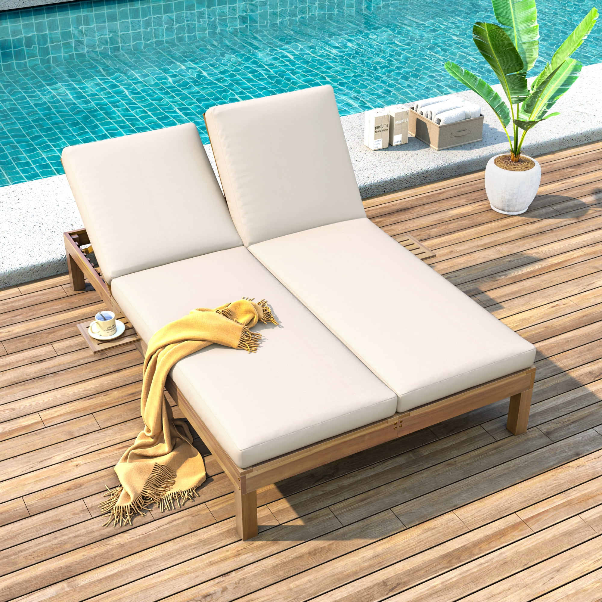 Eyisean 76" Modern Wood Outdoor Patio Double Chaise Lounge, 5-Position