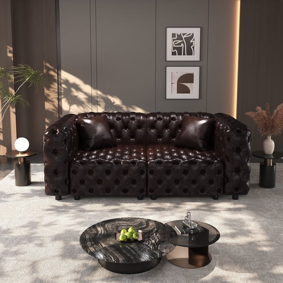 Eyisean 77" Faux Leather Couch, Upholstered Modular Sectional Sofa with Featuring Iconic Italian Button-Tufted Design, Modern Loveseat Sofa with Throw Pillow for Living Room, Bedroom, Apartment