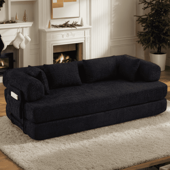 Eyisean 78.7" Chenille 4-in-1 Folding Convertible Sofa Bed, Boneless Couches with 4 Pillows & Convenient Side Pockets, Comfy Foldable Compressed Sofa in Box, Floor Sofa Lounge Couch for Living Room