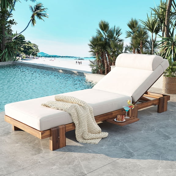 Eyisean 78.8" Chaise Lounge Chair Outdoor, Acacia Wood Adjustable Lounge Chair with Headrest and Retractable Side Tray, Patio Pool Recliner Tanning Chair for Poolside, Balcony, Yard, Beach, Yoga