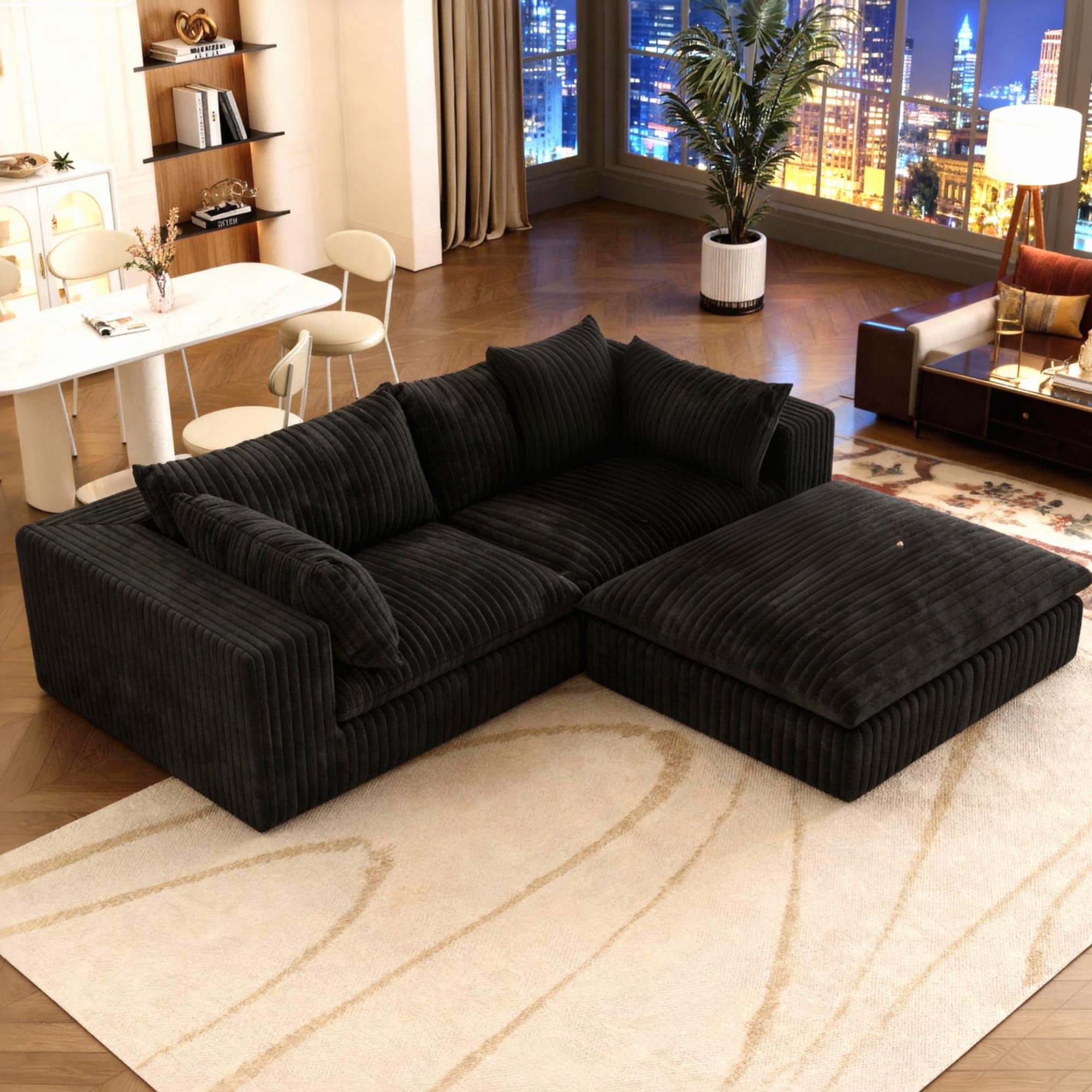 Eyisean 78.8" Corduroy Cloud Loveseat Couch with Ottoman, 2 Seater Comfy Boneless Couch with Throw Pillow, Removable Cushion, Lounge Sofa in a Box, Modular Sectional Sofa for Living Room, Bedroom