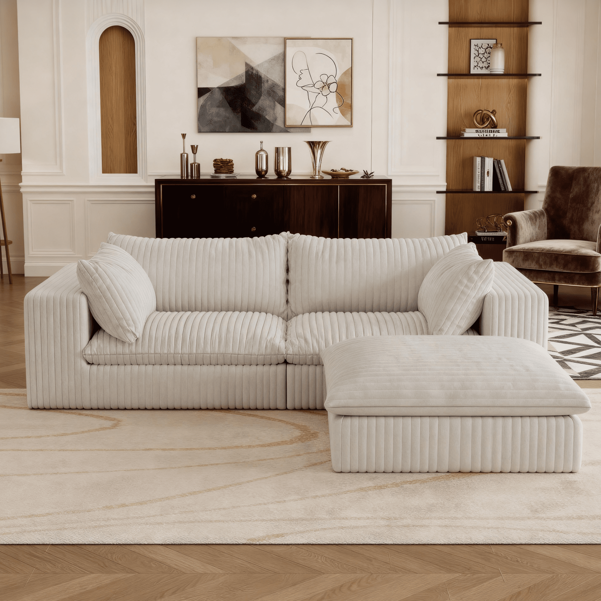 Eyisean 78.8" Corduroy Cloud Loveseat Couch with Ottoman, 2 Seater Comfy Boneless Couch with Throw Pillow, Removable Cushion, Lounge Sofa in a Box, Modular Sectional Sofa for Living Room, Bedroom