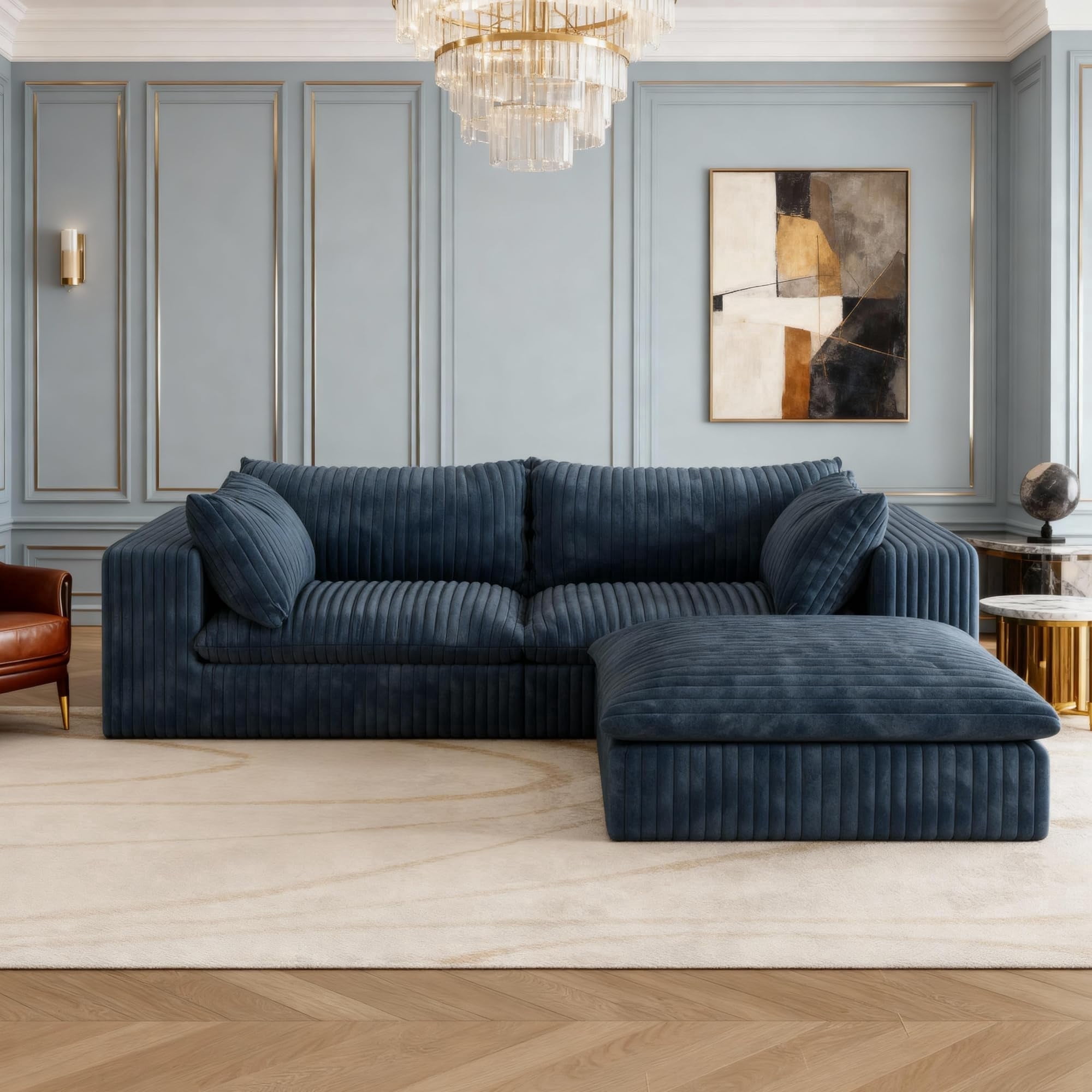 Eyisean 78.8" Corduroy Cloud Loveseat Couch with Ottoman, 2 Seater Comfy Boneless Couch with Throw Pillow, Removable Cushion, Lounge Sofa in a Box, Modular Sectional Sofa for Living Room, Bedroom
