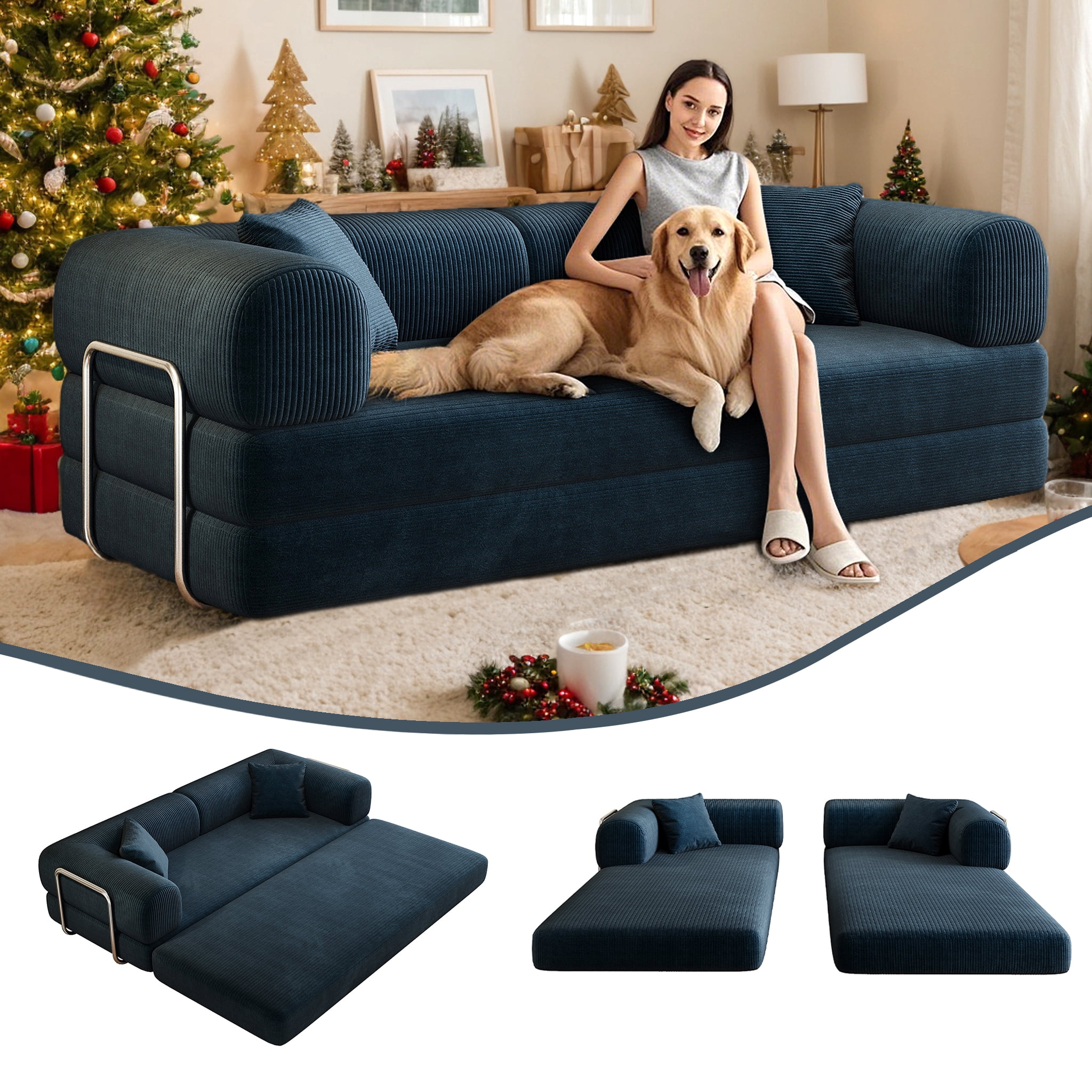 Eyisean 78.8" Corduroy Convertible Sofa Bed with Stainless Fixed-Shape Frame, 4-in-1 Boneless Loveseat with Pull-Out Bed, Lounge Futon Sofa Couch Floor Mattress for Living Room, No Assembly Required