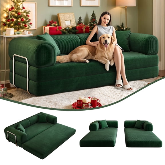 Eyisean 78.8" Corduroy Convertible Sofa Bed with Stainless Fixed-Shape Frame, 4-in-1 Boneless Loveseat with Pull-Out Bed, Lounge Futon Sofa Couch Floor Mattress for Living Room, No Assembly Required