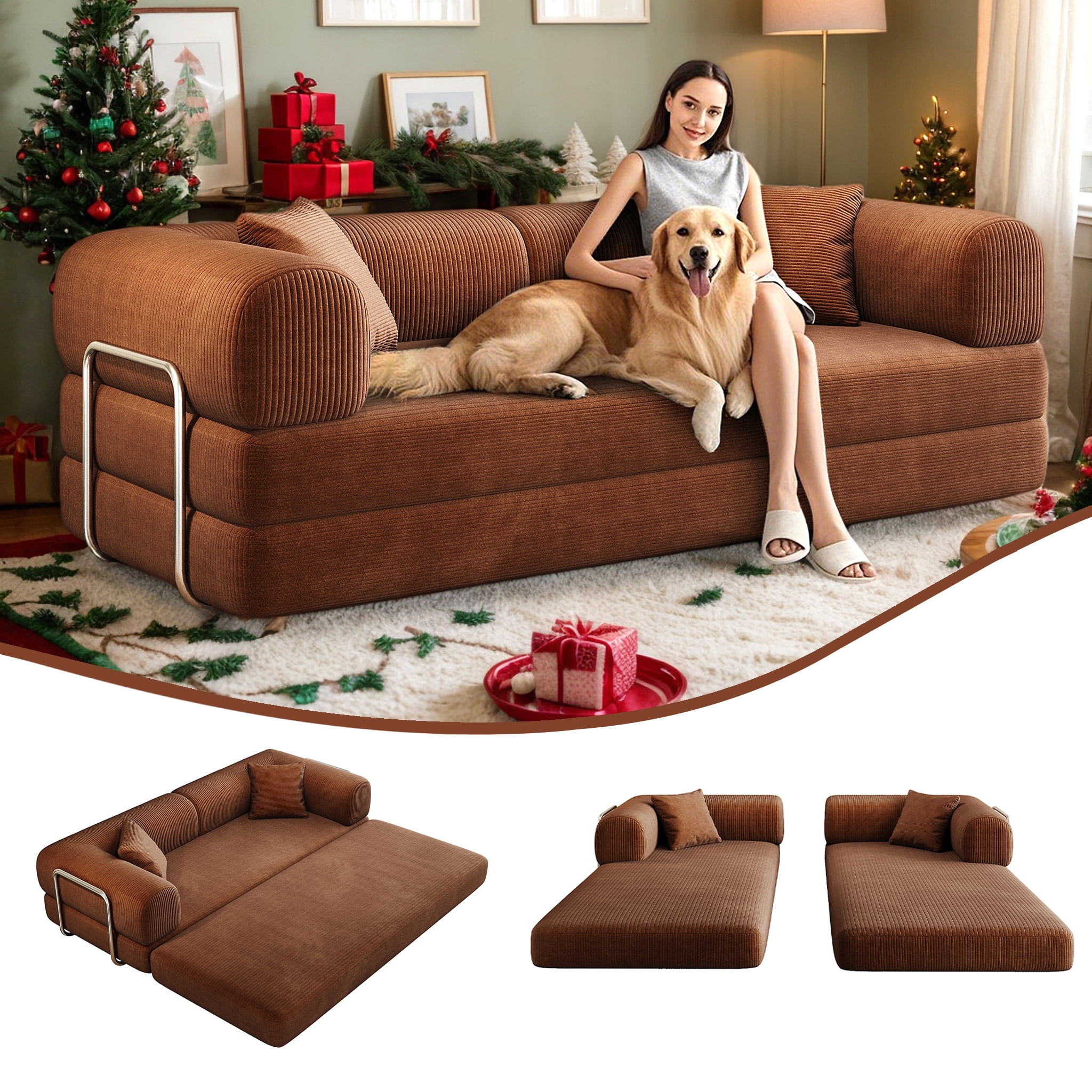 Eyisean 78.8" Corduroy Convertible Sofa Bed with Stainless Fixed-Shape Frame, 4-in-1 Boneless Loveseat with Pull-Out Bed, Lounge Futon Sofa Couch Floor Mattress for Living Room, No Assembly Required