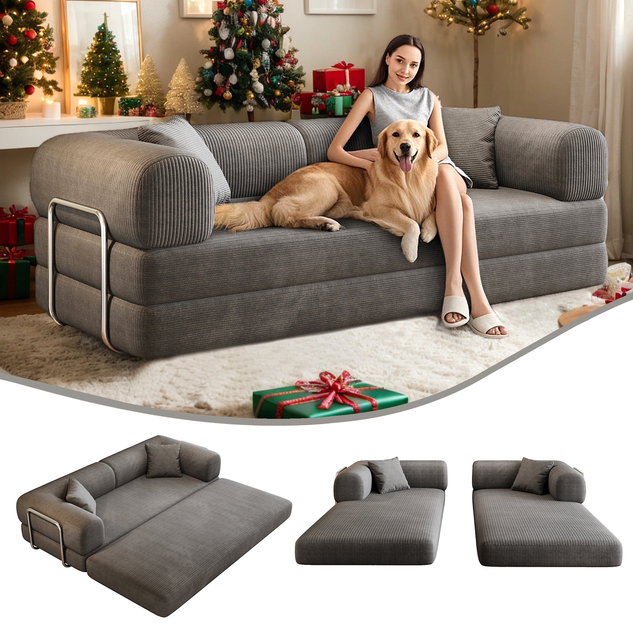 Eyisean 78.8" Corduroy Convertible Sofa Bed with Stainless Fixed-Shape Frame, 4-in-1 Boneless Loveseat with Pull-Out Bed, Lounge Futon Sofa Couch Floor Mattress for Living Room, No Assembly Required