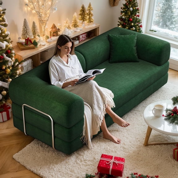 Eyisean 78.8" Corduroy Convertible Sofa Bed with Stainless Fixed-Shape Frame, 4-in-1 Boneless Loveseat with Pull-Out Bed, Lounge Futon Sofa Couch Floor Mattress for Living Room, No Assembly Required