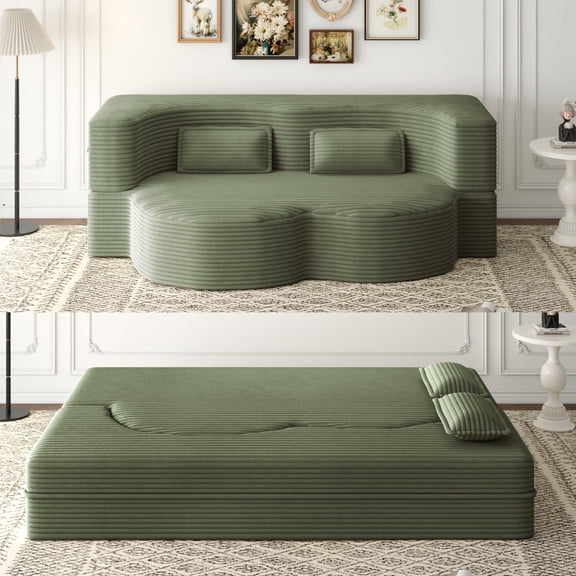 Eyisean 78"Convertible Floor Sleeper Sofa Bed, Modern 2 in 1 Full Size Foldable Mattress with 2 Pillows, Corduroy Boneless Couch with Deep Seat for Living Room, No Assembly Required