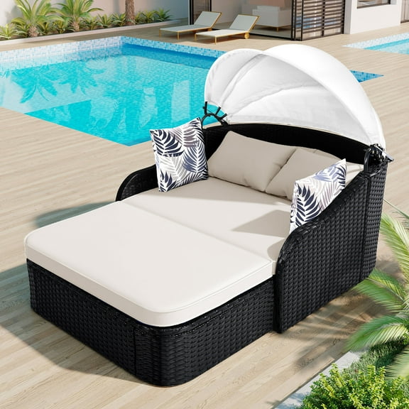 Eyisean 79.9" Outdoor Sunbed with Adjustable Canopy, Outside PE Rattan Daybed Double Chaise Lounge with Cushion & Pillow, All Weather Patio Wicker Sunbed Reclining Chairs for Garden, Backyard