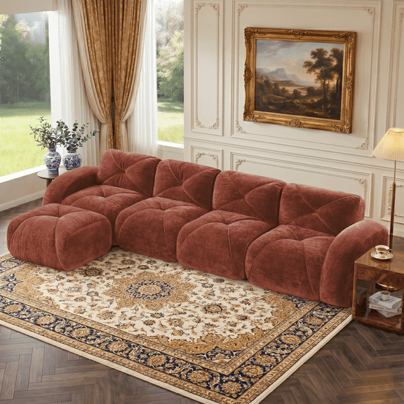 Eyisean 140'' Boneless Couch with Tufted, U Shaped Sectional Couches For Living Room, 4 Seater Cloud Couch with Ottoman, Retro Velvet Floor Sofa for Bedroom, No Assembly Required
